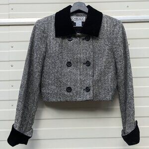 Vintage 80s Wool Herringbone Cropped Blazer Size 6 Double Breasted Velvet Collar